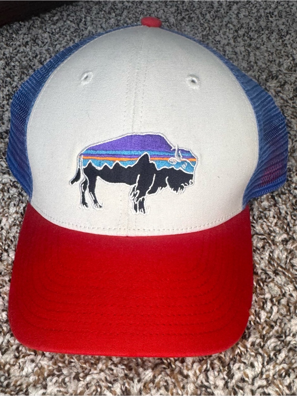 Patagonia Fitz Roy Bison Buffalo Trucker Hat Red White Blue Mesh Snapback